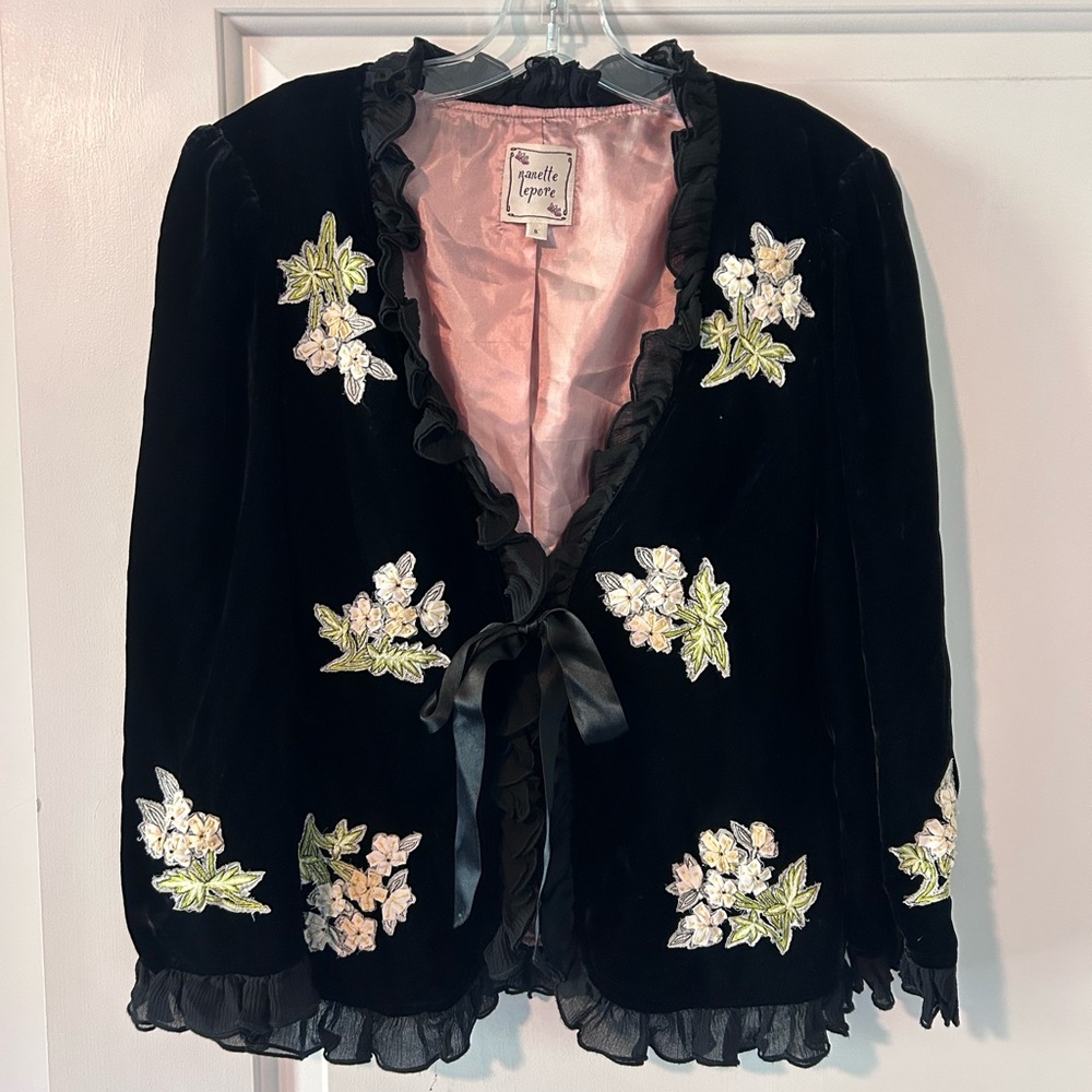 Nanette Lepore Black Velvet Tie-Front Blazer | Floral Embroidery